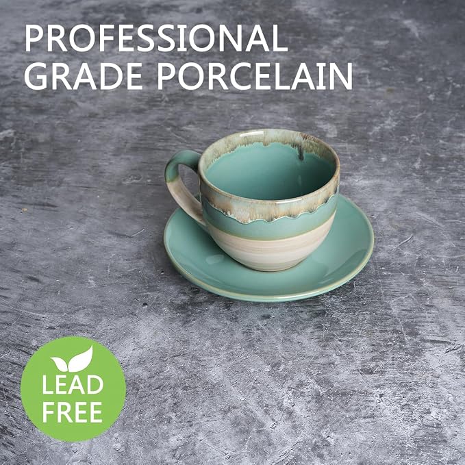 Bosmarlin Ceramic Cappuccino Cup and Saucer Set of 2, 10 Oz, Coffee Cups
