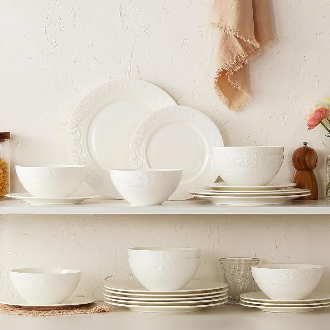 24Pcs Vintage Relief White Bone China Set, Service