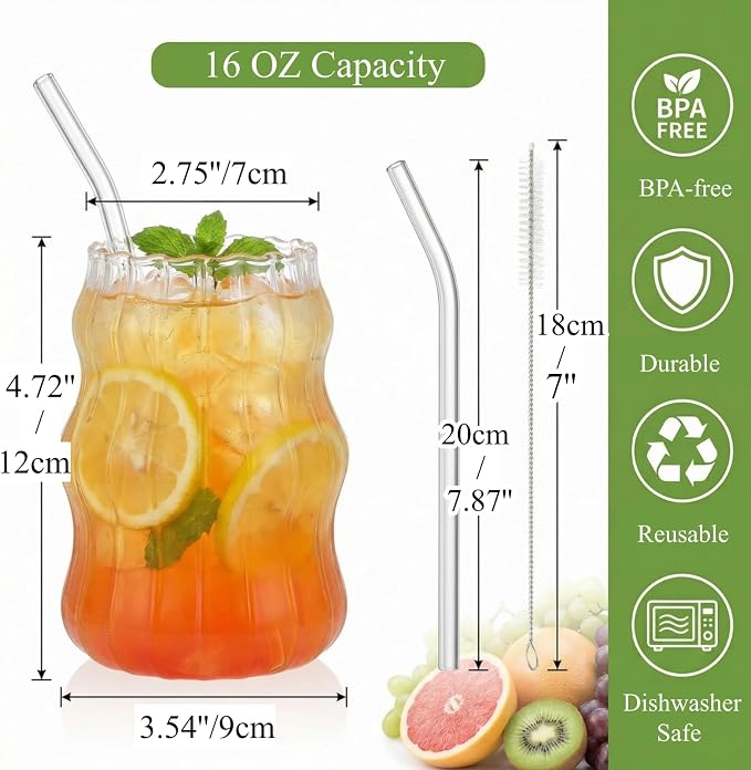 Tebery 4 Pack Cute Drinking Glasses, 16 Oz Ribbed Iced Coffee Cup Tumbler