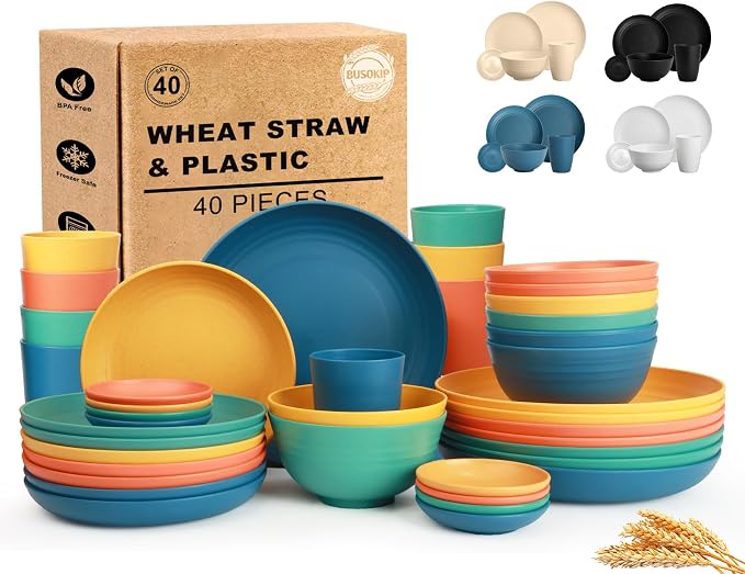 Wheat Straw Dinnerware Sets 40 Piece, Kitchen Plates and Bowls Set, Unbreakable