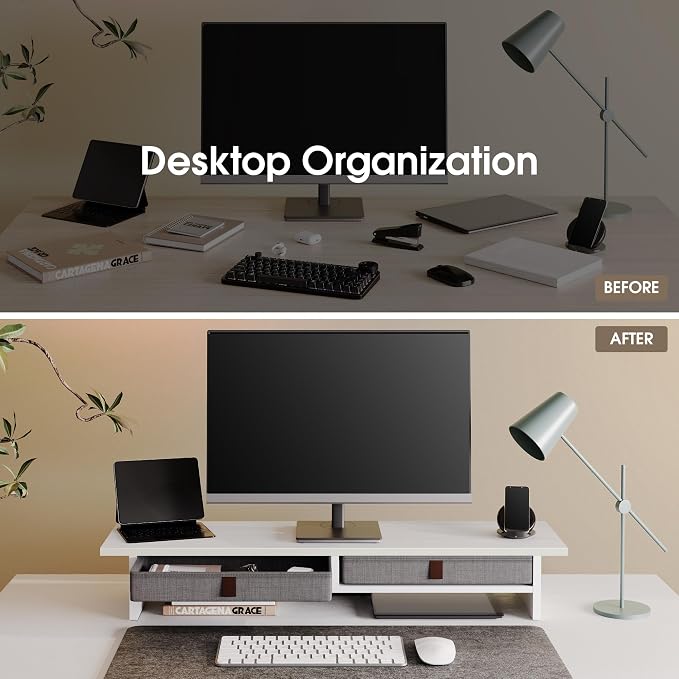 Fenge Monitor Stand with Drawer, 2 Tiers Dual Monitor Riser