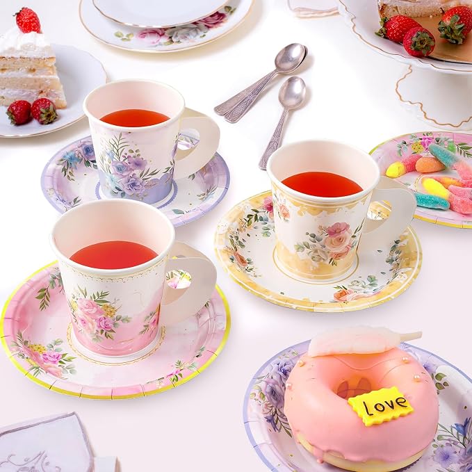 HOMIX 24 Paper Tea Cups and Plates, 7 OZ Disposable Teacups and Saucer Sets |