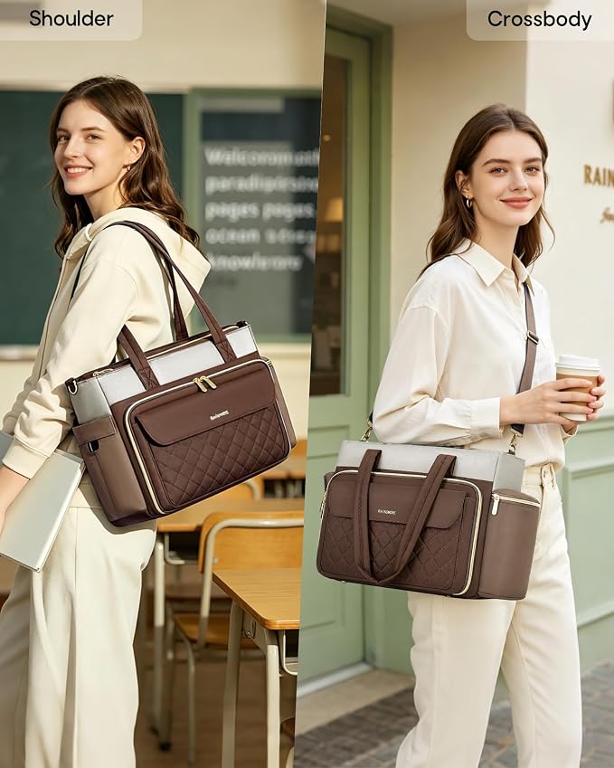 RAINSMORE Teacher Bag for Women, 15.6" Laptop Work Tote, 40oz Cup Holder |