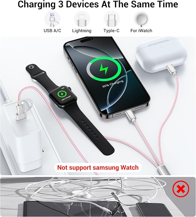 Temdan for Travel Vacation Essentials, 3 in 2 USB C Cable for Apple Watch