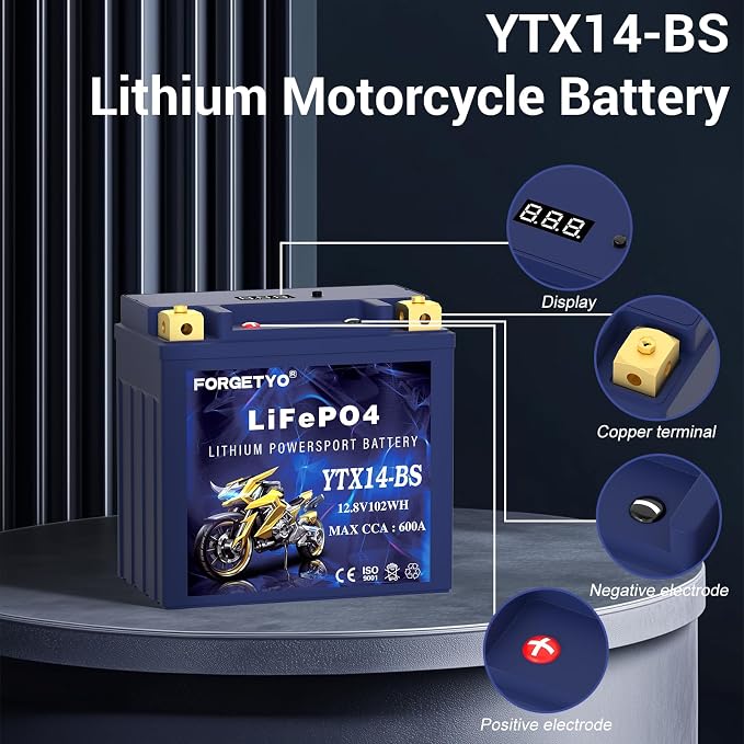 YTX14-BS Lithium Motorcycle Battery, ATV Battery 12V 8AH 600CCA Compatible
