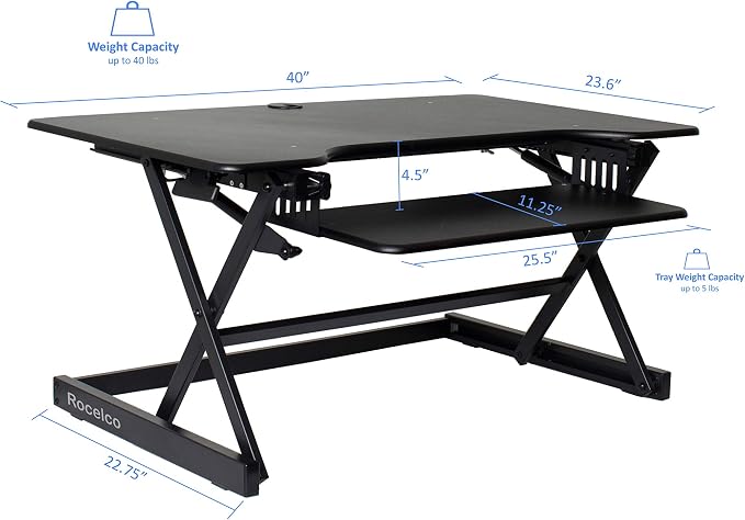 Rocelco 40" Large Height Adjustable Standing Desk Converter