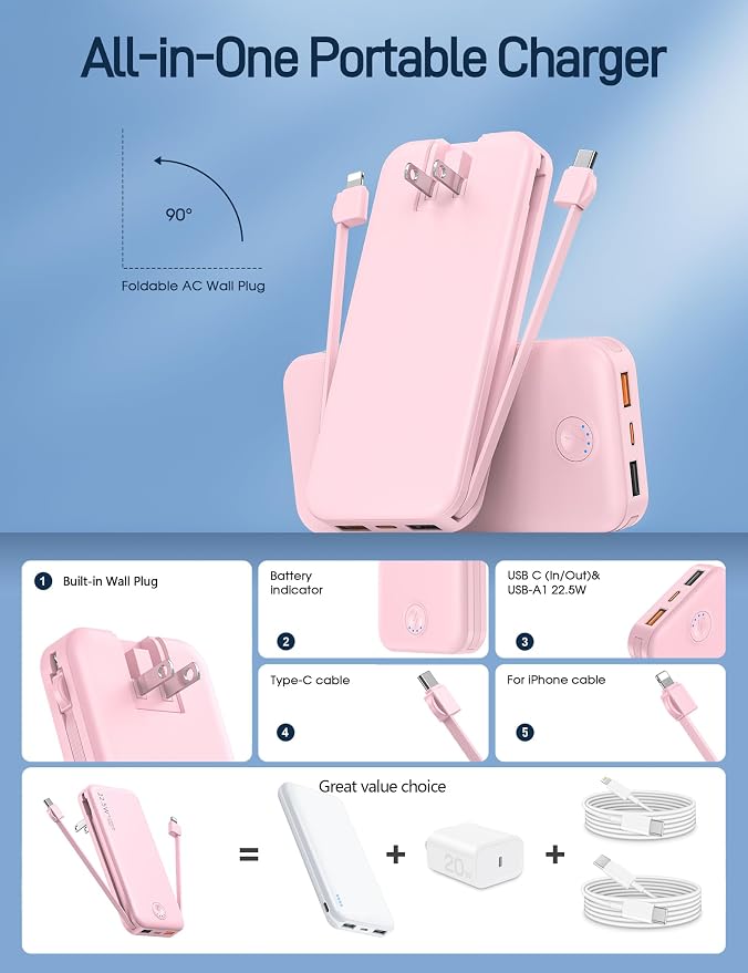 Portable Charger with Built in Cable and AC Wall Plug, USB C Power Bank