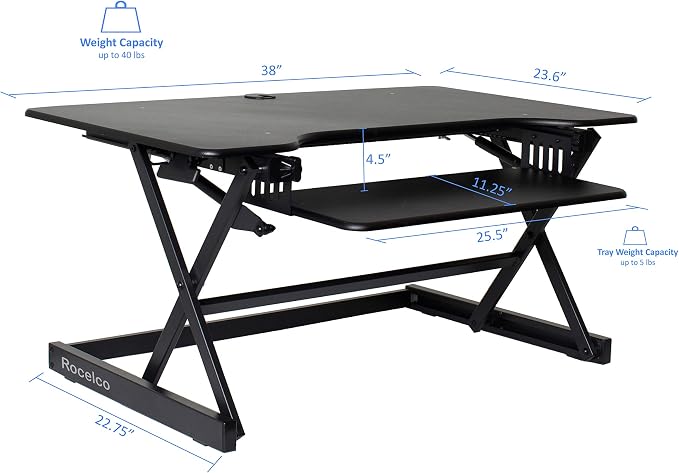 Rocelco 38" Large Height Adjustable Standing Desk Converter