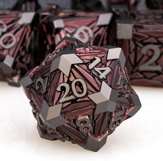 7PCS Metal DND Dice Set with Box, Debris RPG Red D and D Dice