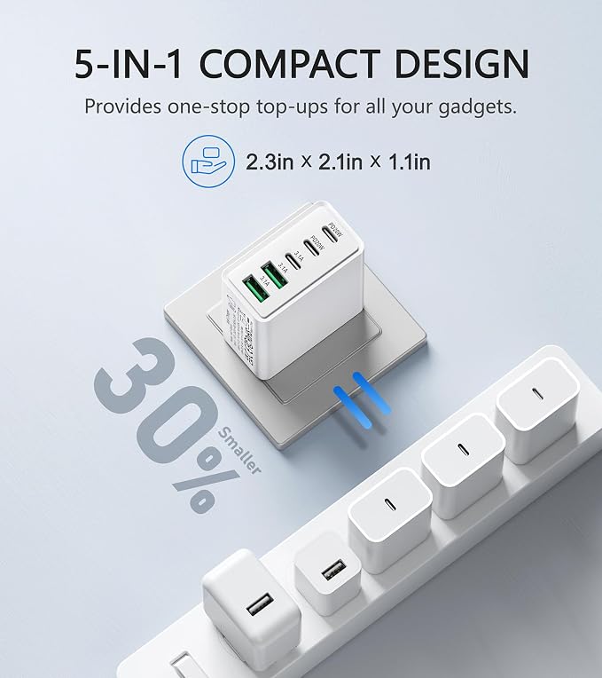 2Pack USB C Fast Charger Block, 50W 5-Port USB C Wall Charger Brick, 2 USB A &