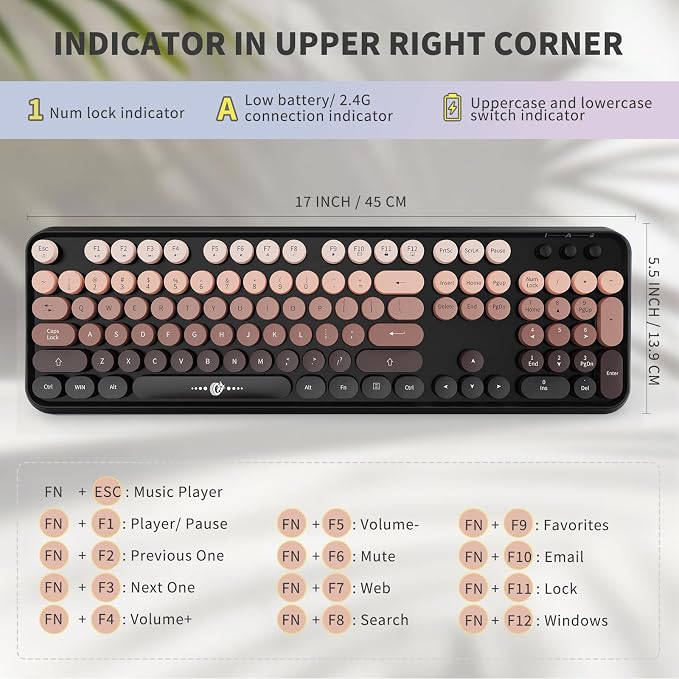 Wireless Keyboard and Mouse Combo, 104 Round Keys Cute Colorful Keyboard and