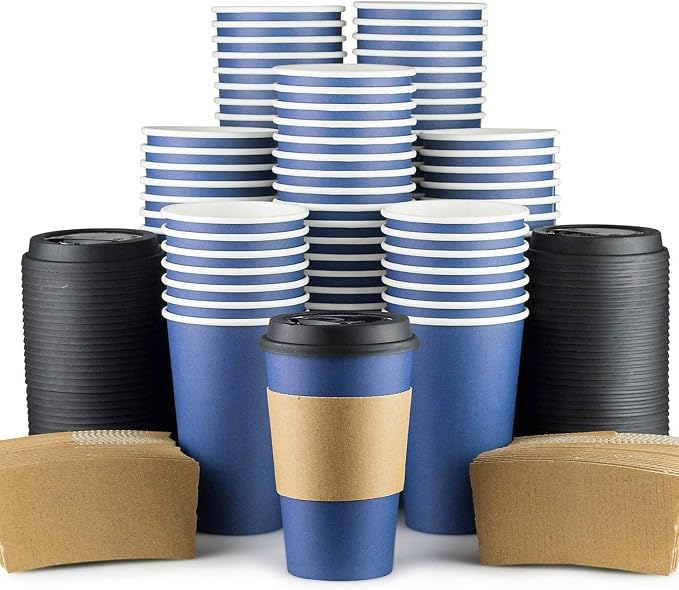 Disposable Coffee Cups With Lids - 16 oz To Go Coffee Cups With Sleeves and