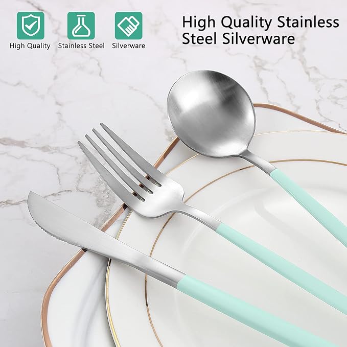 VANVRO Matte Green Silver Silverware Set, 20-Piece Stainless Steel Flatware Set