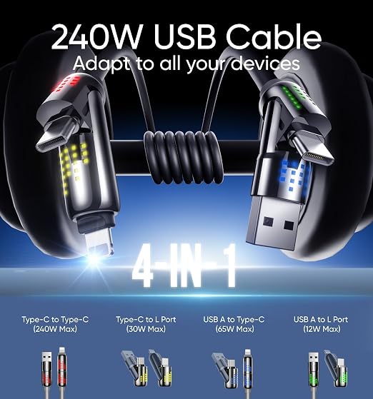 MAGIC JOHN 240W 4 in 1 Charging Cable, 6.6FT USB C to Lightning Cable, Chubby