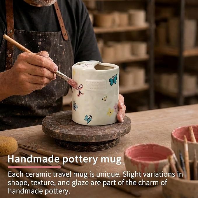 Ceramic Travel Mug with Half Lid, Handmade Butterfly Pottery Mug, Ceramic