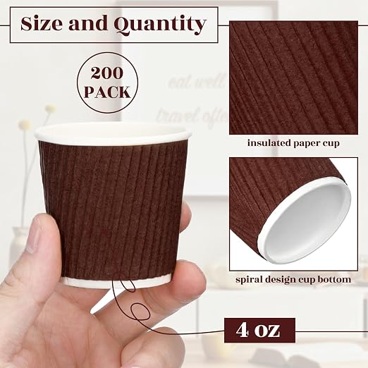 Yaomiao 200 Pcs 4 oz Disposable Espresso Coffee Cups Ripple Corrugated Paper
