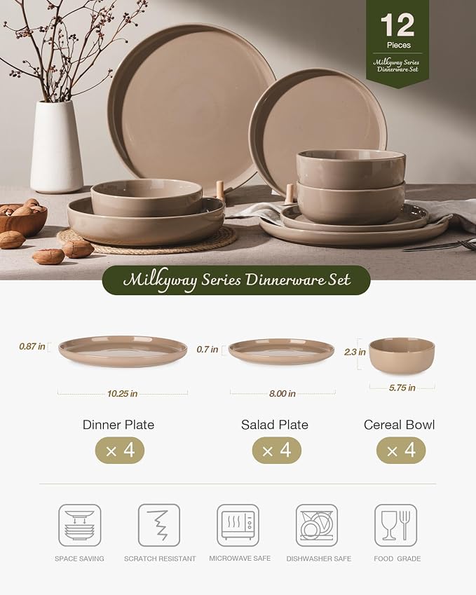 Famiware Milkyway 12-Piece Stoneware Dinnerware Set, Cinnamon Brown | Plates