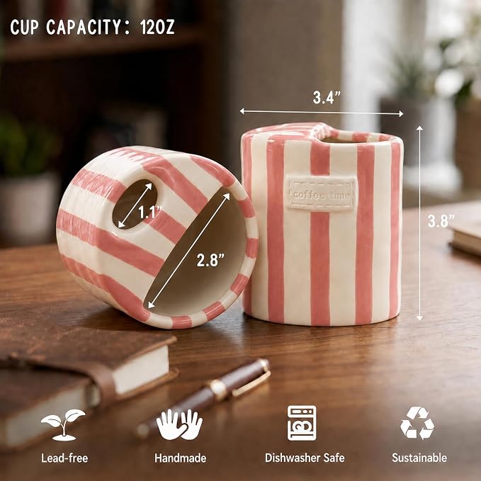 Ceramic Coffee Mug with Sip Hole, 12oz Striped Ceramic To Go Coffee Cup