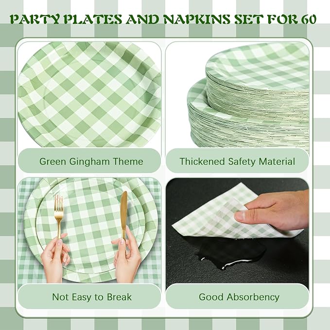180Pcs Green Gingham Party Supplies Paper Plates and Napkins Serve 60 |