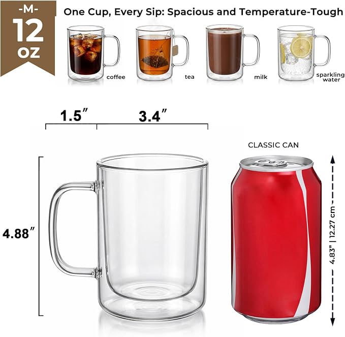 Aquach 12oz Double Walled Glass Coffee Mugs Set of 2, Insulated Tea Cups |