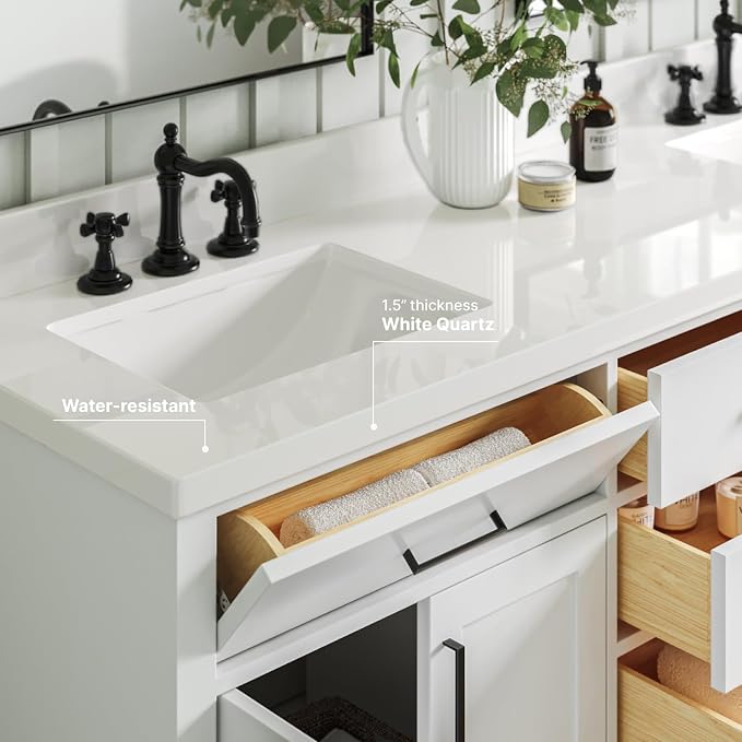 73" White Double Vanity, 1.5" Edge Pure White Quartz Countertop