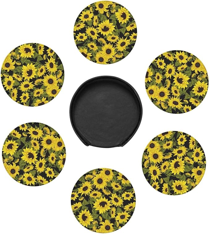Drink Coasters with Holder Stand Set of 6, Sunflower Pu Leather Absorbent