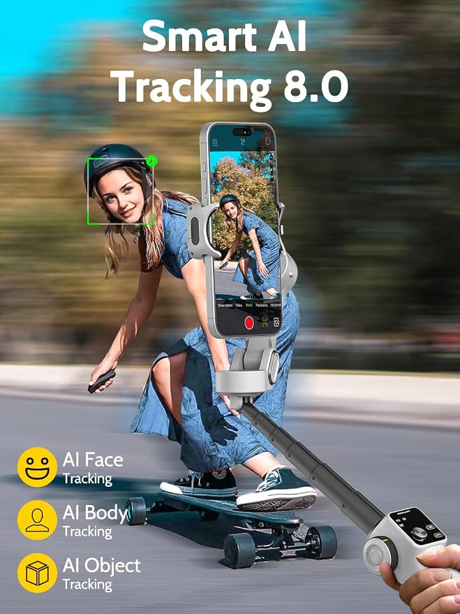 Cellphone Gimbal for Video Recording w/AI Tracking, 3 -axis Vlogging Gimbal