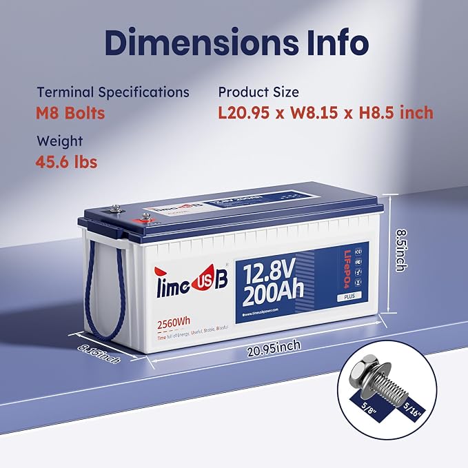 12V 200Ah Plus LiFePO4 Battery, Timeusb Lithium Battery
