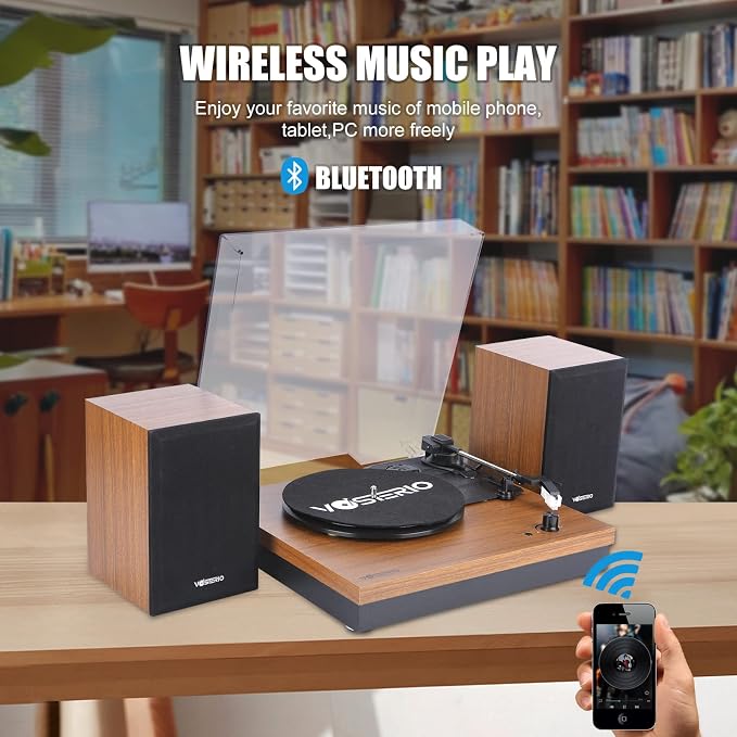 Bluetooth Record Player, 3-Speed Belt-Driven Turntable