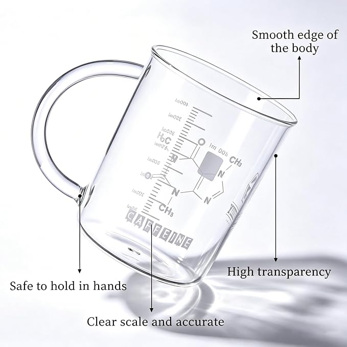 GLASKEY Caffeine Beaker Mug, 16 oz Anti-Dripping Borosilicate Caffeine Mug
