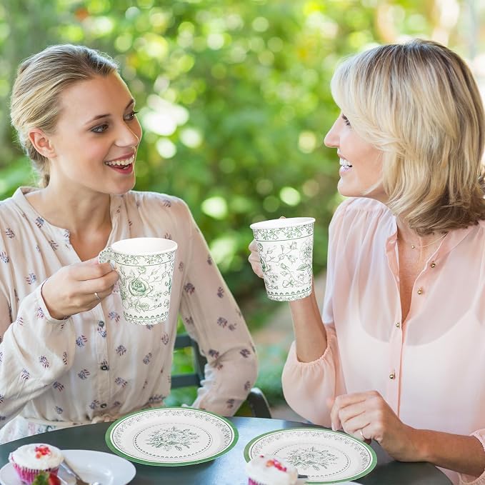 Whaline 80 Pcs Green White Floral Paper Tea Cups and Saucers Porcelain