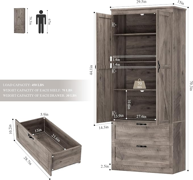 70" Tall Kitchen Pantry Storage, Barn Doors Pantry Cabinet