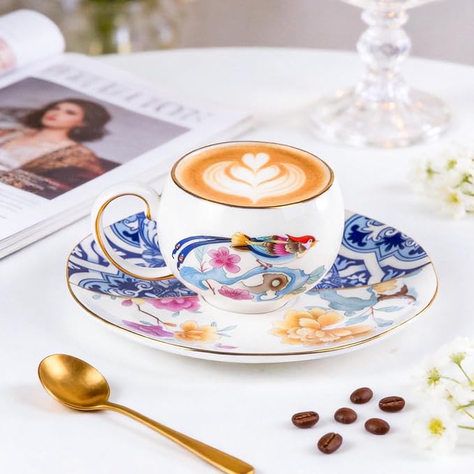 KAMMAK Tea Cups and Saucers Set of 2, Fine Bone China Coffee Cups, GH015 |