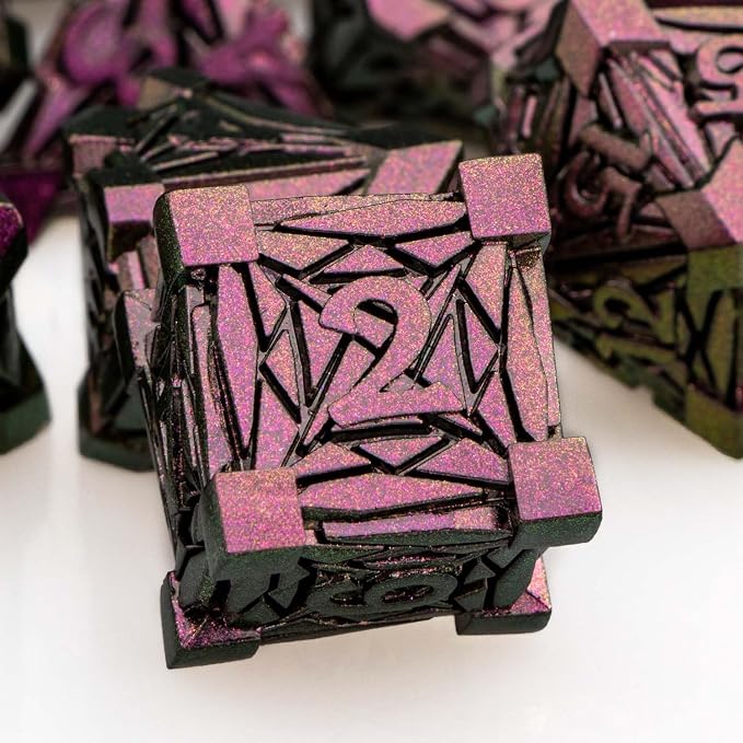 7PCS Metal DND Dice Set with Box, Debris RPG Purple Red D and D Dice