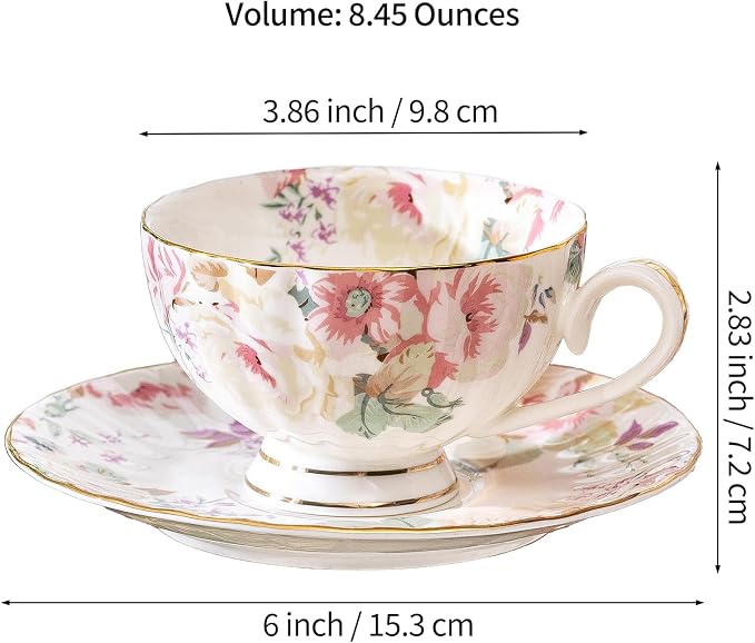 fanquare Pink Floral Tea Cup and Saucer Set