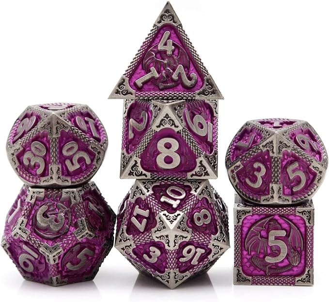 PJOY Metal DND Dice Set with Dice Case Antique Silver Purple Dragon D&D