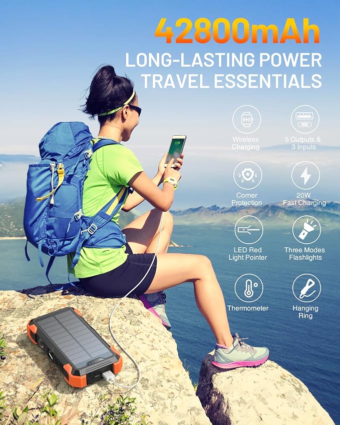 GOODaaa Solar Power Bank, 42800mAh Portable Charger 20W Fast Charging External