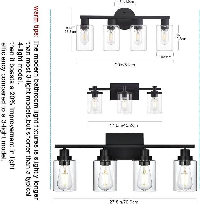 4 Light Bathroom Vanity Light, Matte Black Bathroom Light Fixtures