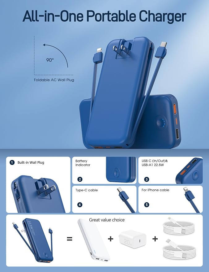 Portable Charger with Built in Cable and AC Wall Plug, USB C Power Bank
