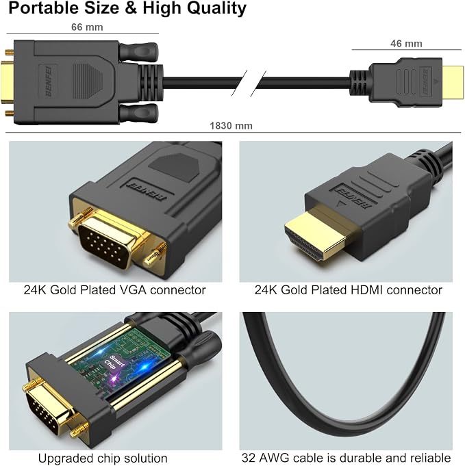 BENFEI 5 Pack HDMI to VGA 6 Feet Cable, Uni-Directional HDMI to VGA Cable