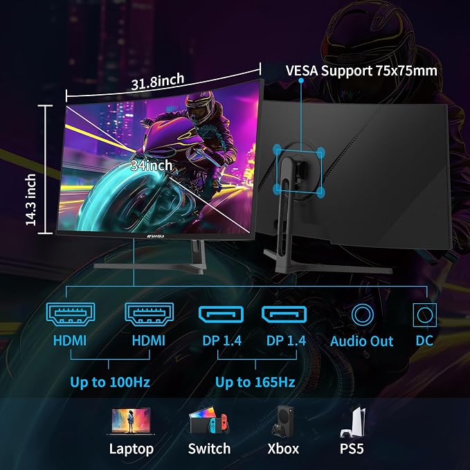 SANSUI 34-Inch Curved Gaming Monitor UWQHD 3440 x 1440 165Hz Curved 1500R