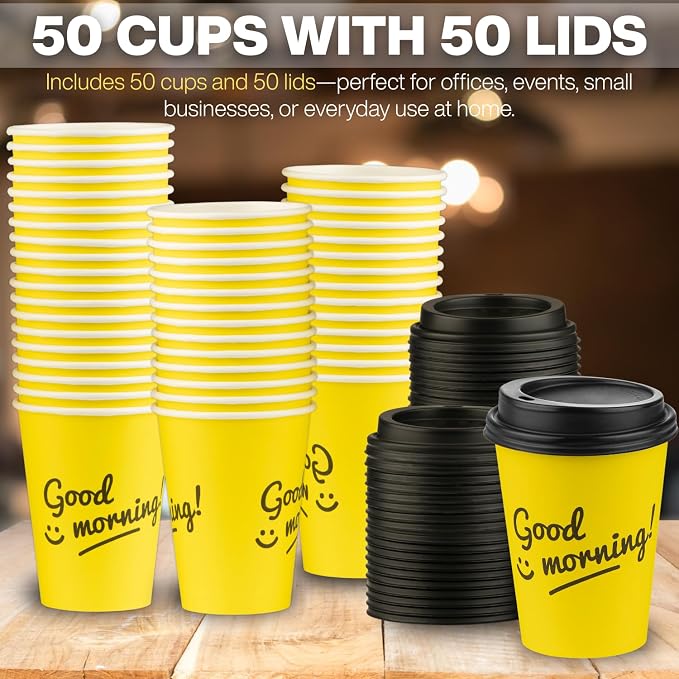 Disposable Coffee Cups with Lids, To Go Paper Hot Cups, Good Morning Design