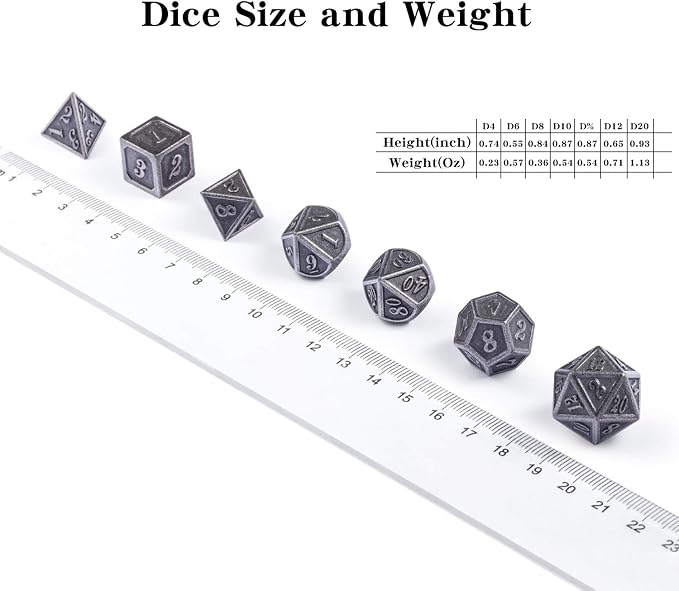 DnDnD Acient Silver Metal DND Dice Set, Pathfinder, Savage World and Table Games