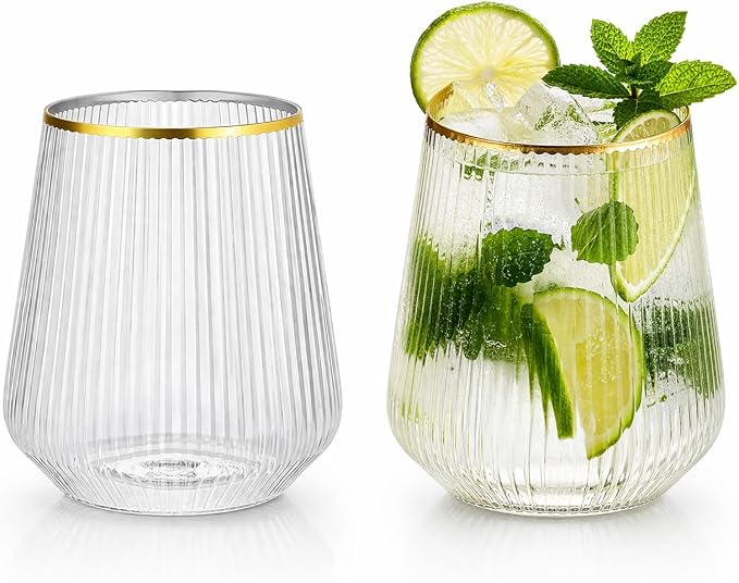 40 Pack 12oz Ribbed Gold Rim Disposable Wine Glasses, Plastic Cocktail Cup |