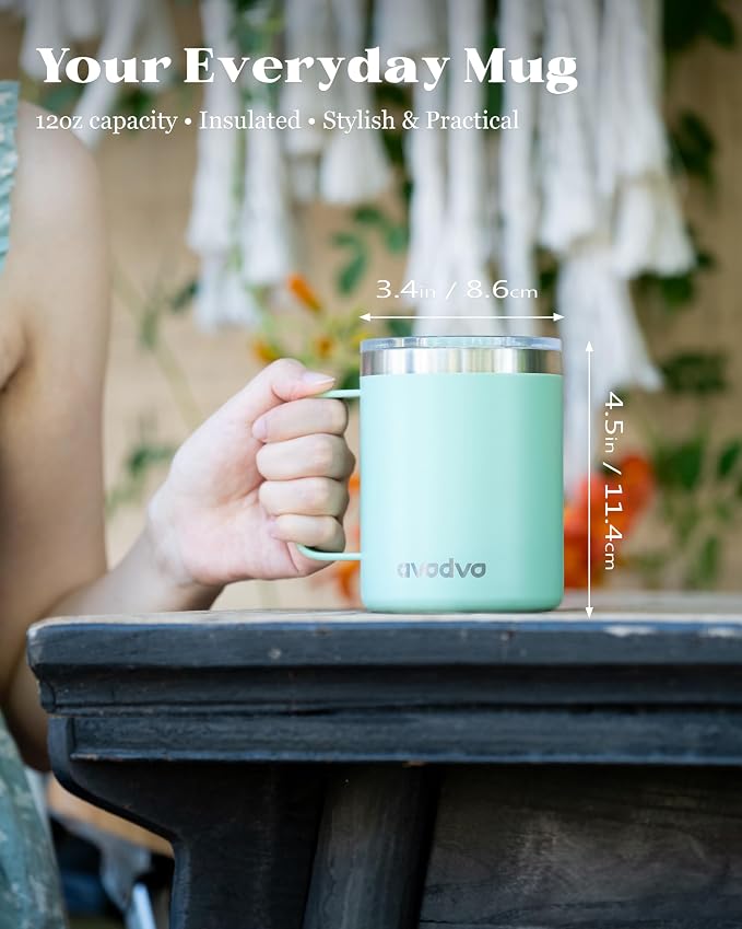 12oz Insulated Coffee Mug with Lid – Includes Two Lids, Stainless Steel Coffee