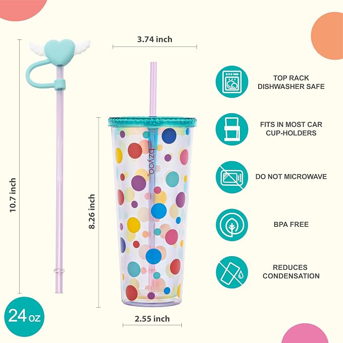 bzyoo 24 oz SIP Tumbler with Heart-Shaped w/Wing Straw Cap Cover– Cute DotDot