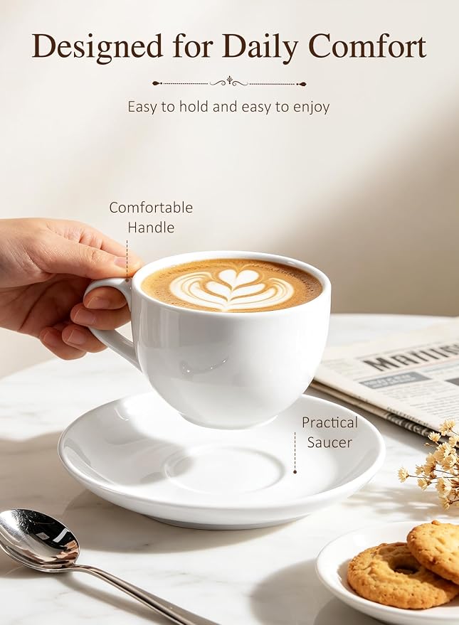 Porcelain Coffee Cups Set with Saucer, 6 Ounce,