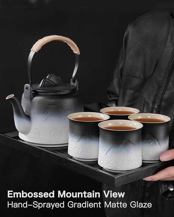 ZENS Japanese Tea Set with 4 Cups, 33.8oz Ceramic Infuser Pot