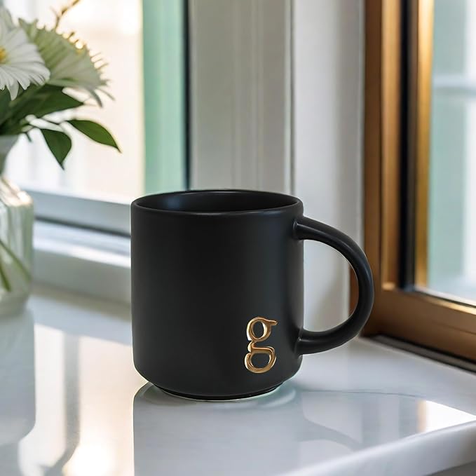 COLLECTIVE HOME Black Ceramic Coffee Mug, 15 oz Golden Monogram Tea Cup |