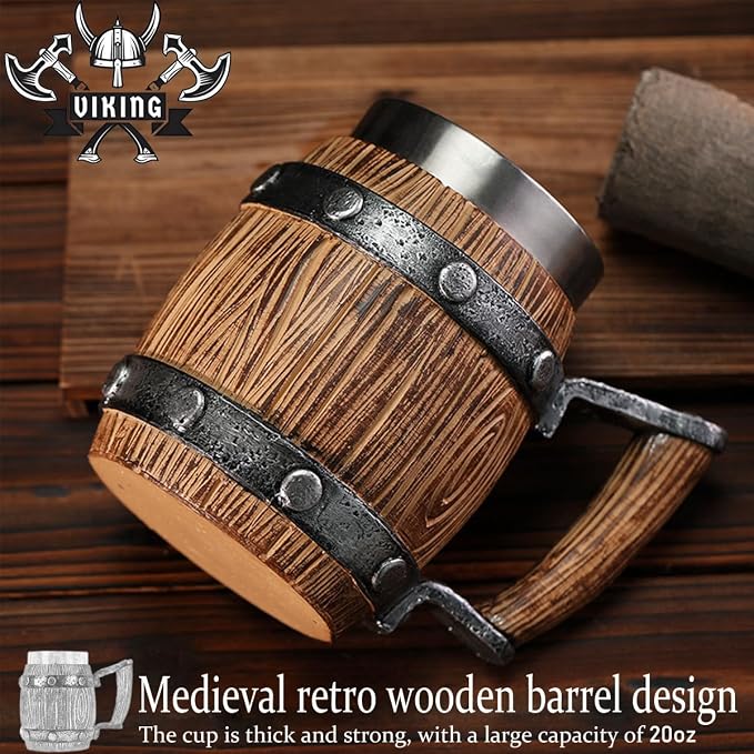 Nordic Viking Mug, pirate Beer Cup, Wooden Barrel Beer Mug Stainless Steel Liner